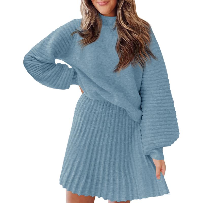 Ensembles 2 Pièces Femme 2025 Pulls Col Montant Manches Longues Côtelés et Mini-Jupe