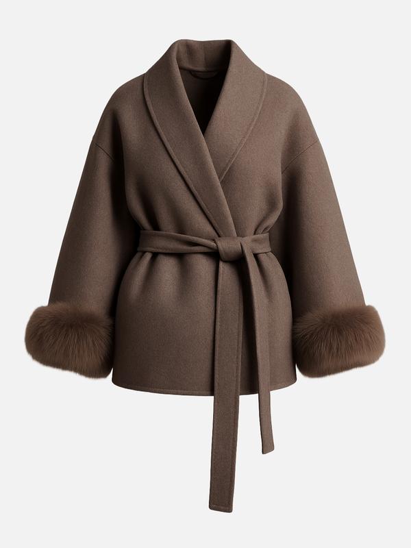 Manteau croisé thermique élégant pour femme, couleur unie, avec ceinture et manches longues en peluche