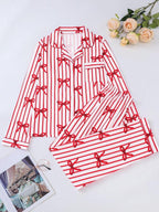 Ensemble deux pièces pyjama femme, chemise imprimée à nœud avec boutons et poches, et pantalon à taille élastique, décontracté et confortable, haut à manches longues et col à revers, et pantalon de pyjama
