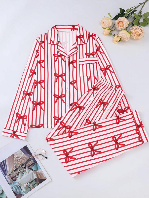 Ensemble deux pièces pyjama femme, chemise imprimée à nœud avec boutons et poches, et pantalon à taille élastique, décontracté et confortable, haut à manches longues et col à revers, et pantalon de pyjama