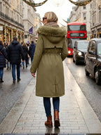 Manteau parka mi-long chaud et tendance pour femme automne-hiver, col en fausse fourrure, ceinture à cordon de serrage à la taille, coupe-vent, imperméable, résistant au froid