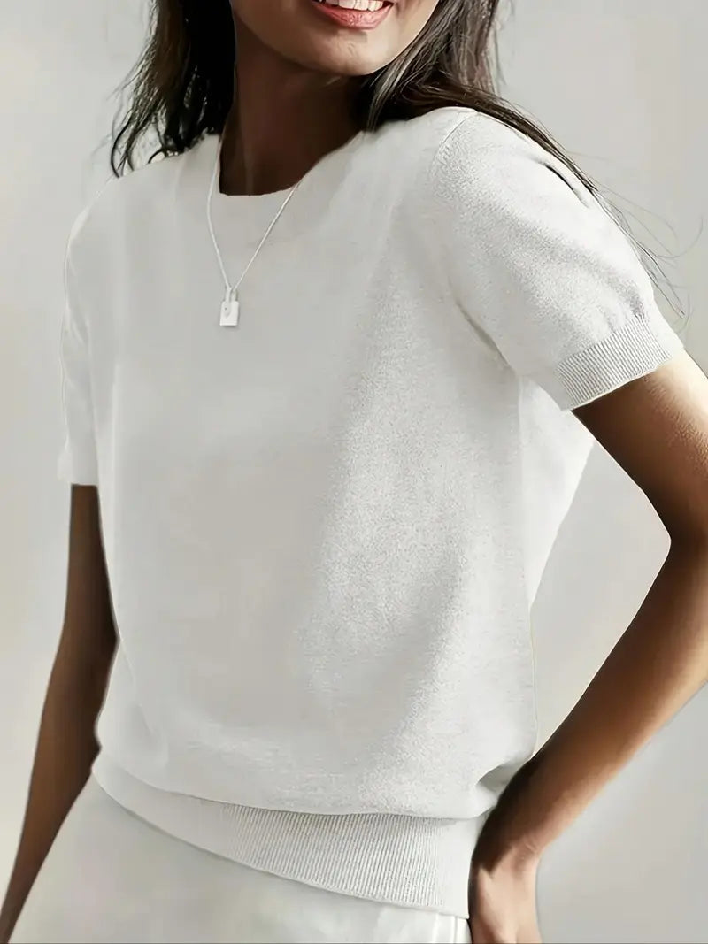 Pull en maille unie à col rond et manches courtes pour femme, tricot basique décontracté pour le printemps et l'automne, vêtements en tricot tendance pour femme pour le quotidien, prêt-à-porter féminin