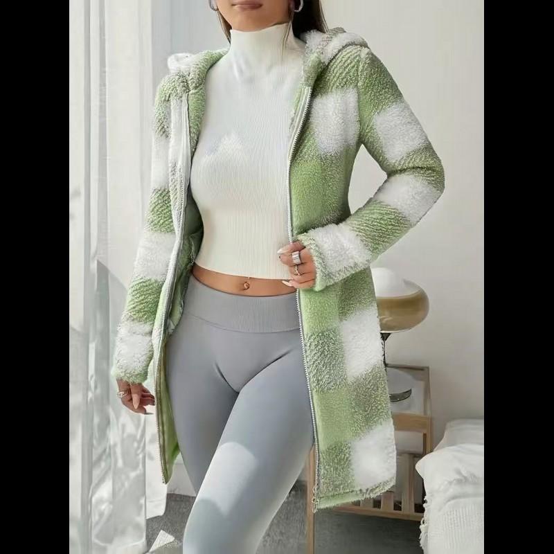 Sweat à capuche zippé en plaid et bordure duveteuse pour femme, décontracté automne/hiver