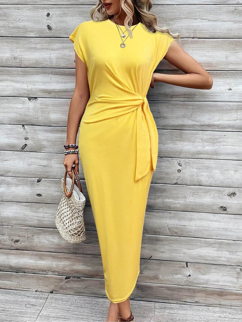 Vestito da donna a tinta unita / a righe / stampato con nodo e maniche a pipistrello, vestito lungo casual a maniche corte con scollo rotondo, abbigliamento da donna per le vacanze al mare
