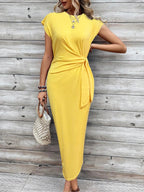 Vestito da donna a tinta unita / a righe / stampato con nodo e maniche a pipistrello, vestito lungo casual a maniche corte con scollo rotondo, abbigliamento da donna per le vacanze al mare