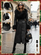 Veste longue femme automne hiver coupe-vent imperméable, col confortable en fausse fourrure, cuir PU épais, coupe ajustée avec ceinture