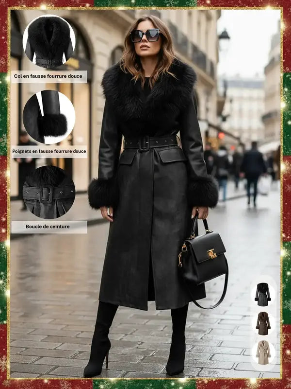 Veste longue femme automne hiver coupe-vent imperméable, col confortable en fausse fourrure, cuir PU épais, coupe ajustée avec ceinture