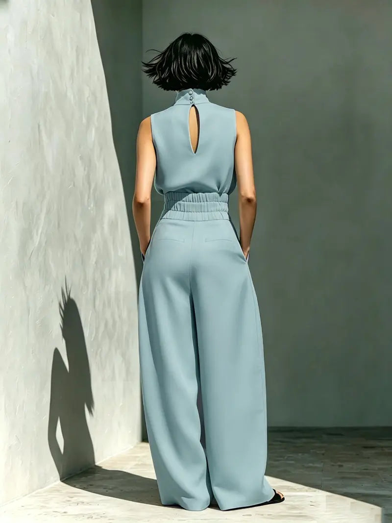 Ensemble deux pièces pour femme, haut sans manches à col montant et pantalon long, ensemble élégant avec pantalon large taille haute, tenue tendance pour femme