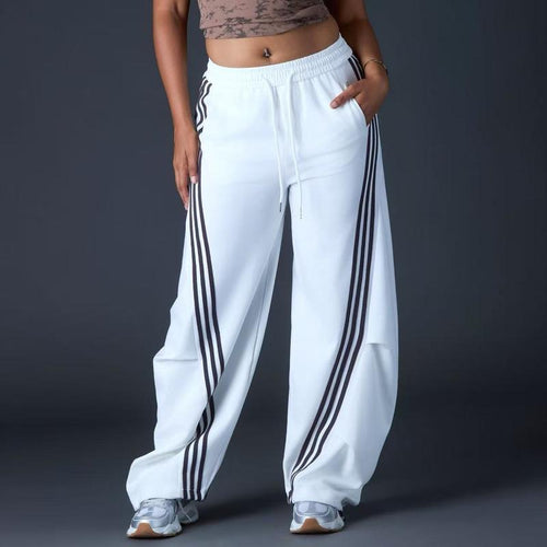 Pantaloni sportivi larghi a gamba larga a righe da donna, casual streetwear, con elastico in vita e tasche laterali per l'allenamento