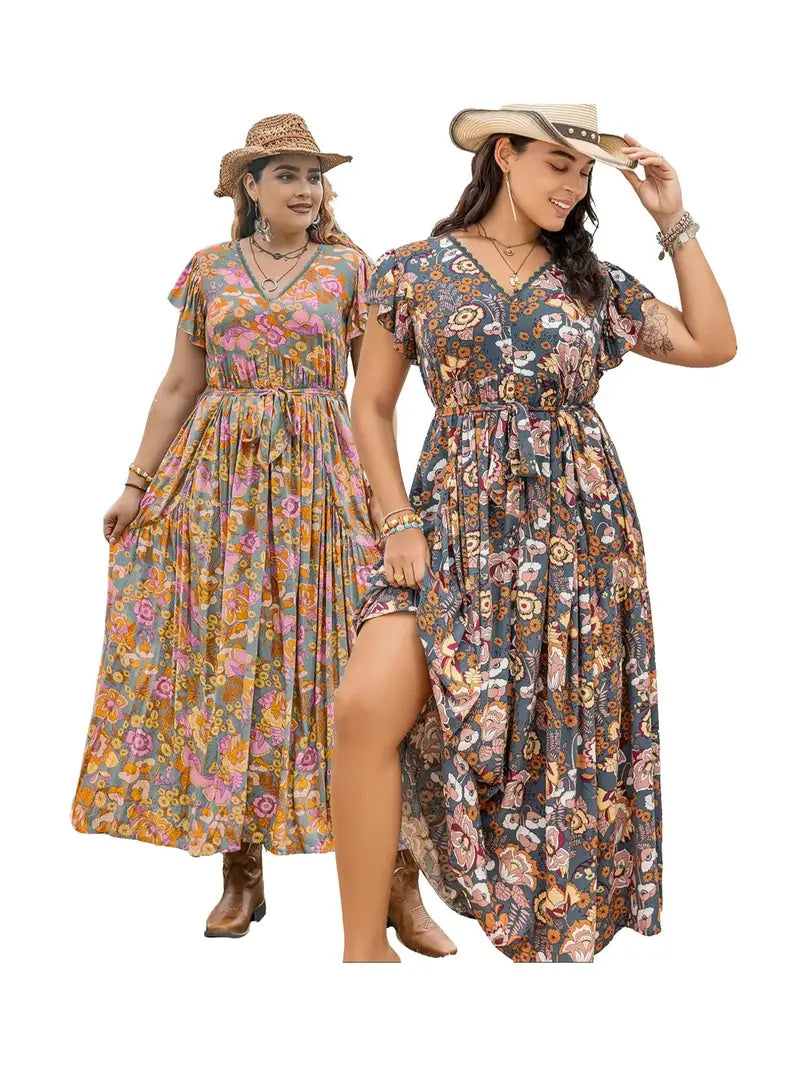 Robe trapèze avec manches papillon, ceinture, ourlet à volants et imprimé floral