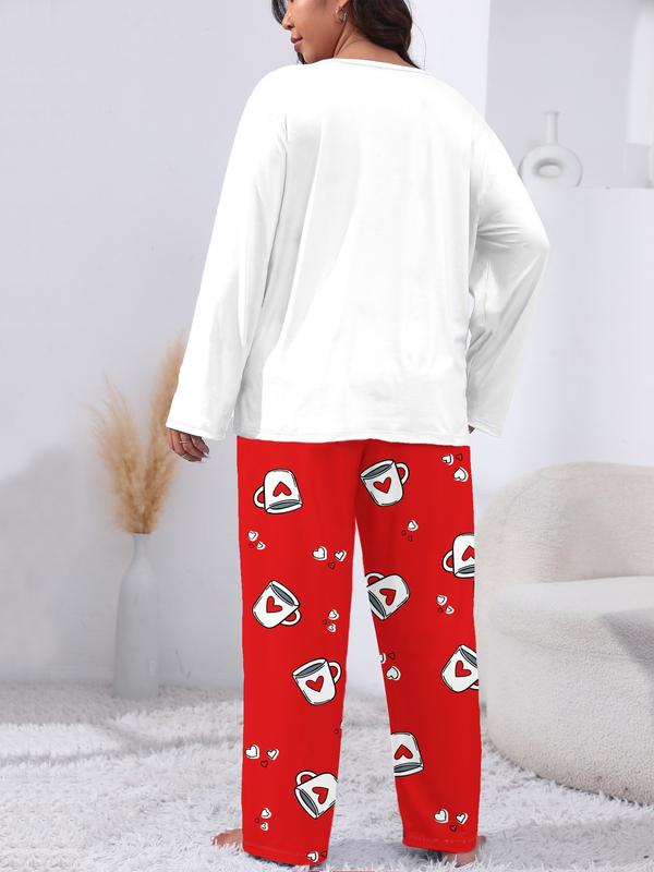 Ensemble de pyjama 2 pièces grande taille confortable avec impression cœur et lettres, haut à manches longues et pantalon, vêtements de nuit décontractés pour toutes les saisons