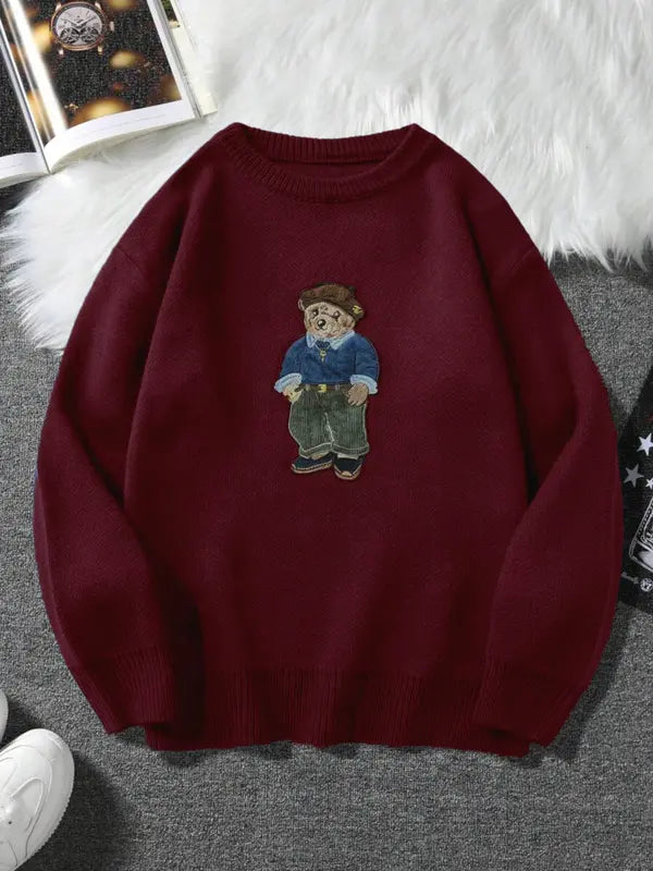 Maglione girocollo unisex con stampa orsetto dei cartoni animati, maglione casual ampio a maniche lunghe per autunno e inverno, maglieria moda da donna per l'uso quotidiano