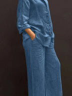 Ensemble Femme Chemise Couleur Unie & Pantalon Large, Tenues Deux Pièces Décontractées Confortables et Respirantes pour le Quotidien en Extérieur, Vêtements Femme pour Printemps Automne