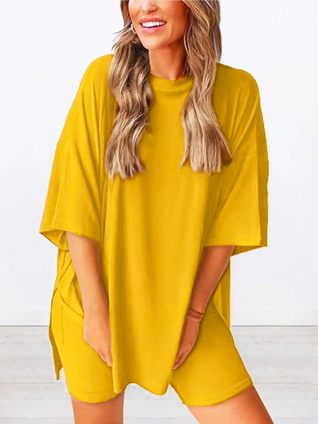 Ensemble T-shirt uni et short moulant pour femme, vêtement de nuit décontracté d'été à col rond, confortable, avec poches, pour l'extérieur
