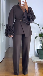 Ensemble de tailleur-pantalon femme, col en V, manches bulles à volants, couleur unie, pour déplacements professionnels