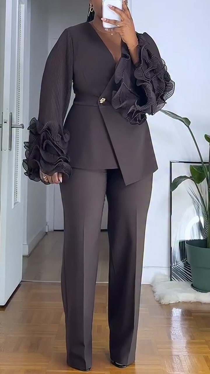 Ensemble de tailleur-pantalon femme, col en V, manches bulles à volants, couleur unie, pour déplacements professionnels
