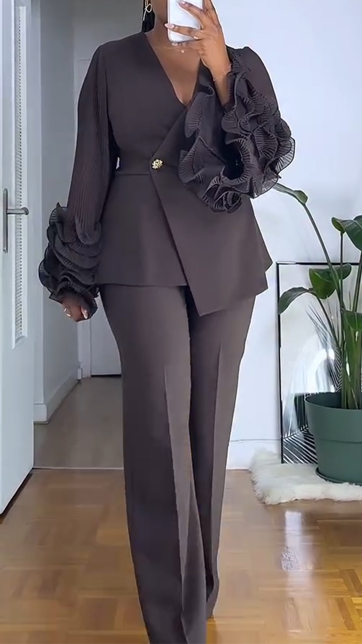 Ensemble de tailleur-pantalon femme, col en V, manches bulles à volants, couleur unie, pour déplacements professionnels