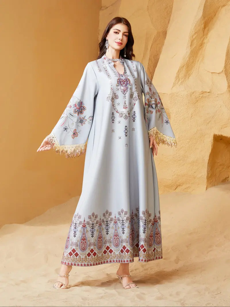 Abito lungo elegante da donna, vestibilità ampia con stampa etnica, design con lacci, adatto a tutte le stagioni, perfetto per serate ed eventi speciali