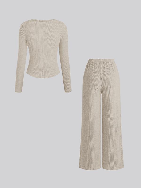Ensemble deux pièces décontracté femme, haut à manches longues et col rond coupe slim et pantalon, motif uni, tissu modéré, automne-hiver