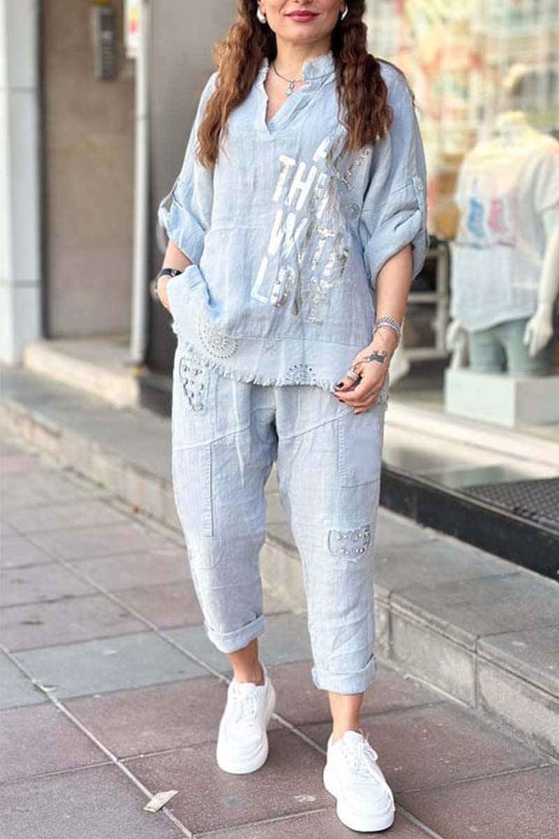 Ensemble décontracté femme : haut en coton et lin imprimé lettre + pantalon