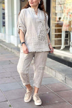 Ensemble décontracté femme : haut en coton et lin imprimé lettre + pantalon