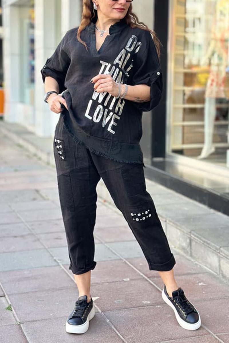 Ensemble décontracté femme : haut en coton et lin imprimé lettre + pantalon