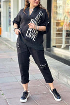 Ensemble décontracté femme : haut en coton et lin imprimé lettre + pantalon