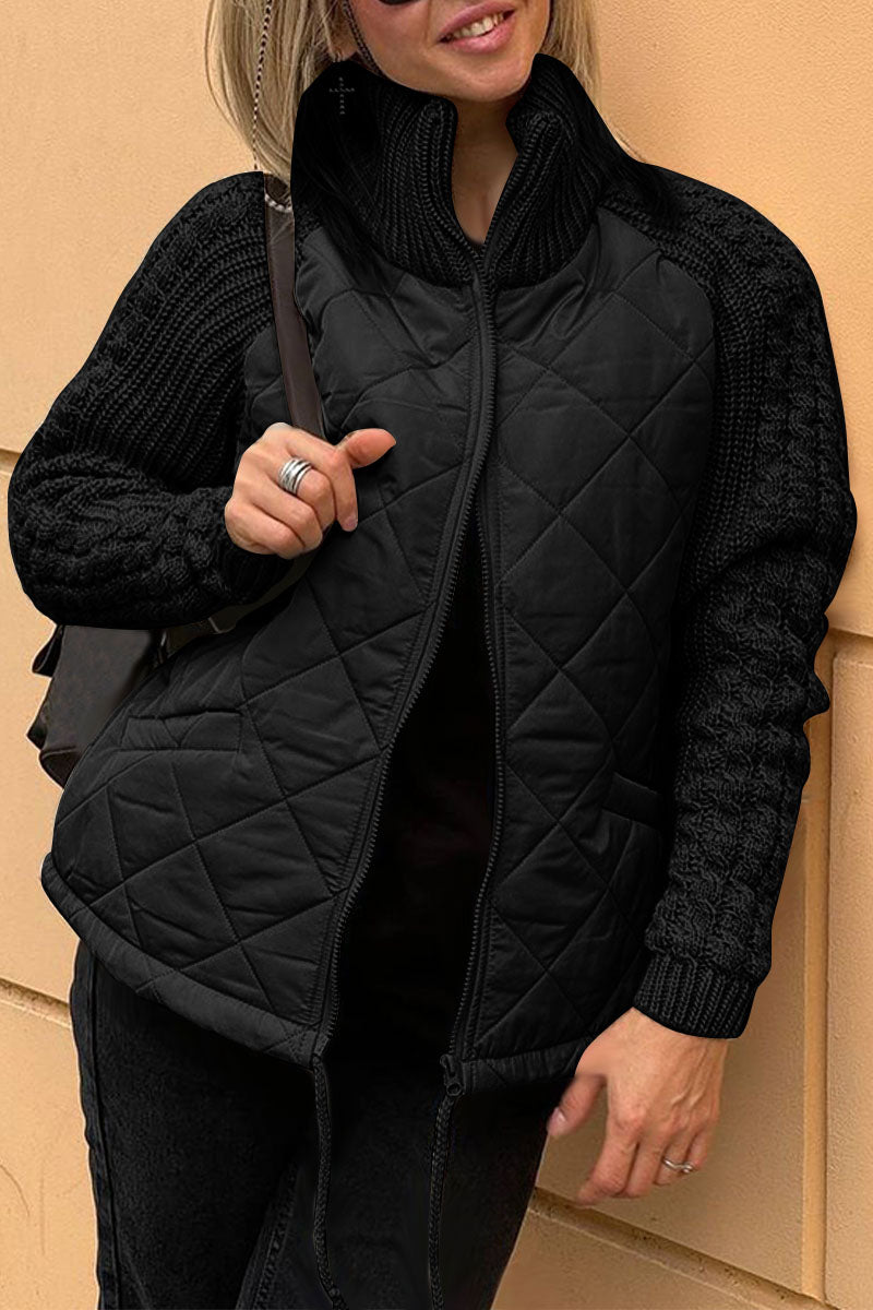 Veste zippée décontractée en tricot patchwork de couleur unie pour femmes