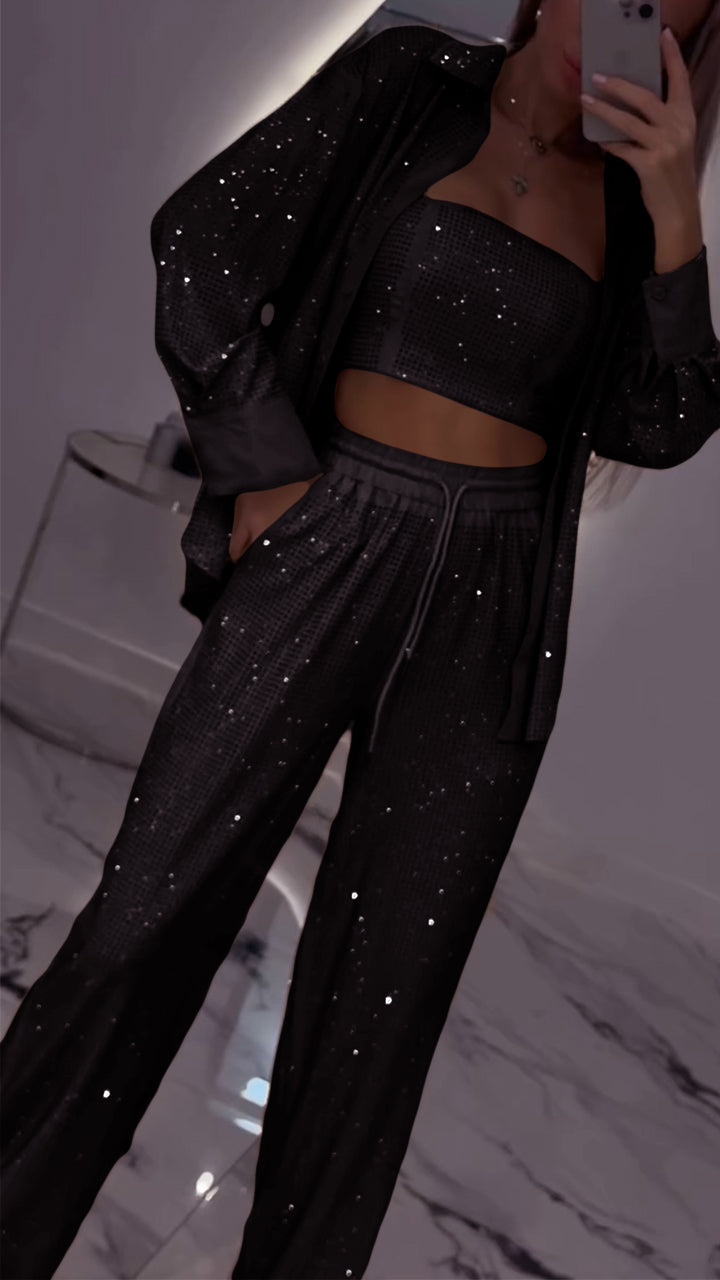 Ensemble décontracté trois pièces à revers et strass pour femme