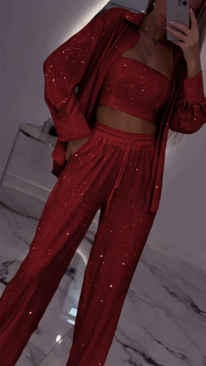 Ensemble décontracté trois pièces à revers et strass pour femme