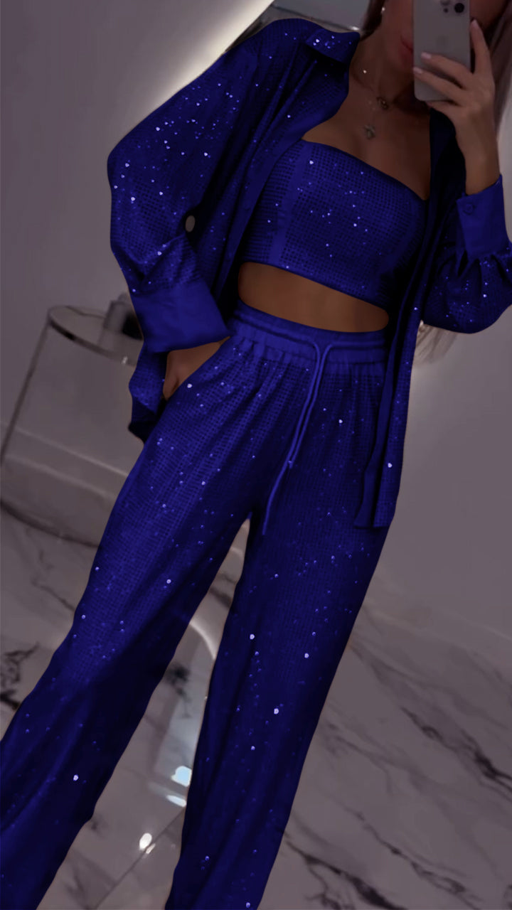 Ensemble décontracté trois pièces à revers et strass pour femme