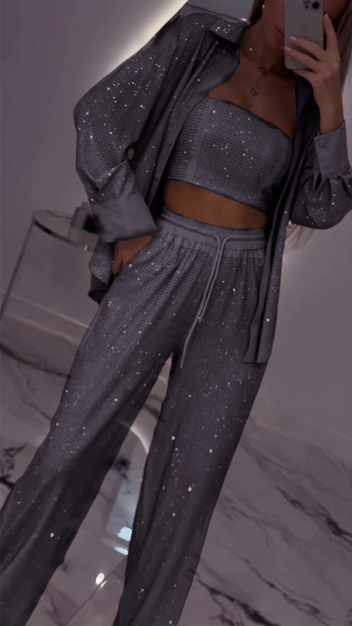 Ensemble décontracté trois pièces à revers et strass pour femme