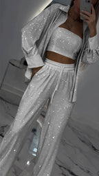Ensemble décontracté trois pièces à revers et strass pour femme