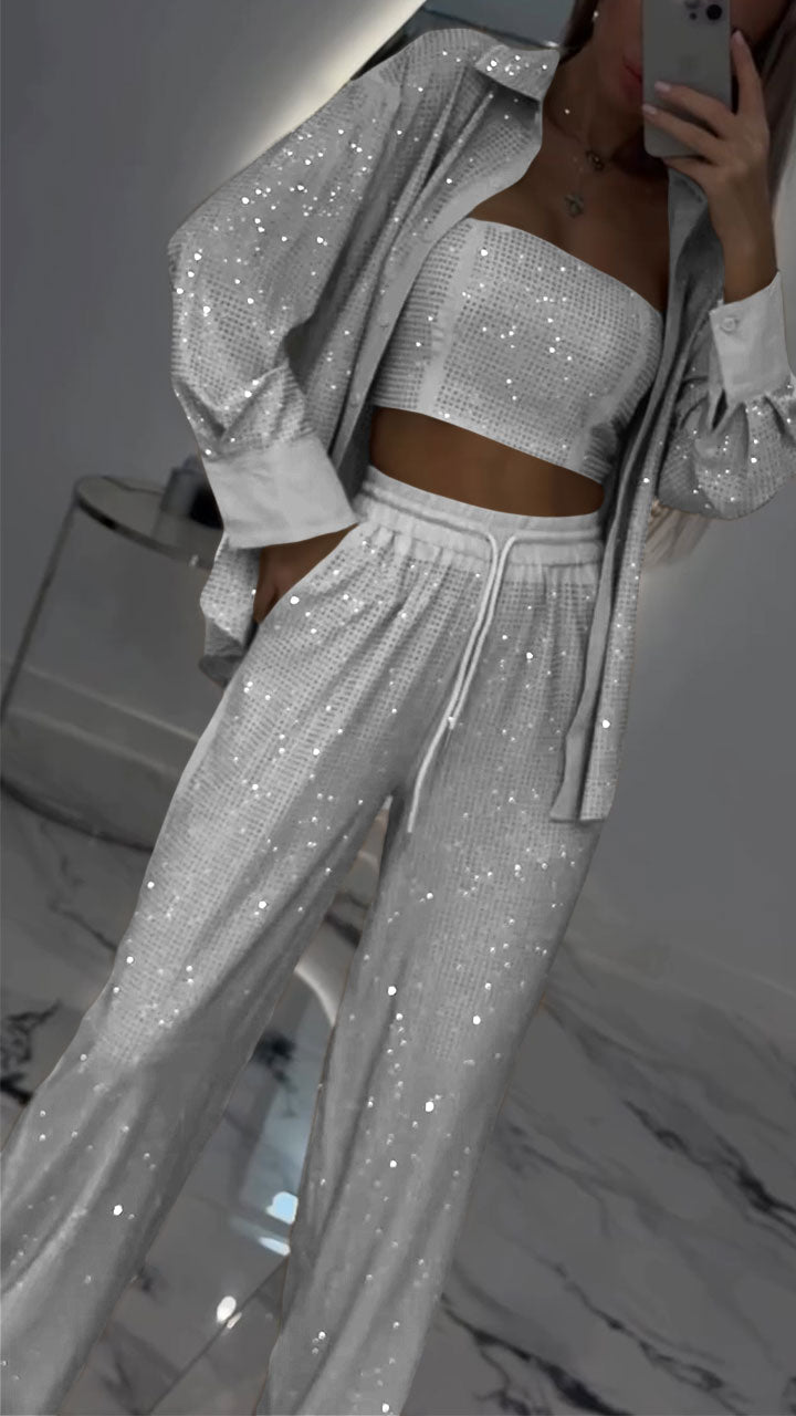 Ensemble décontracté trois pièces à revers et strass pour femme
