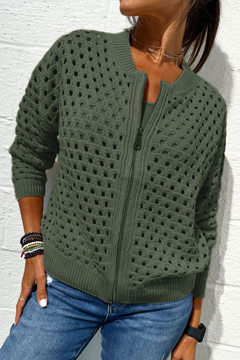 Veste zippée en tricot ajouré décontractée pour femme