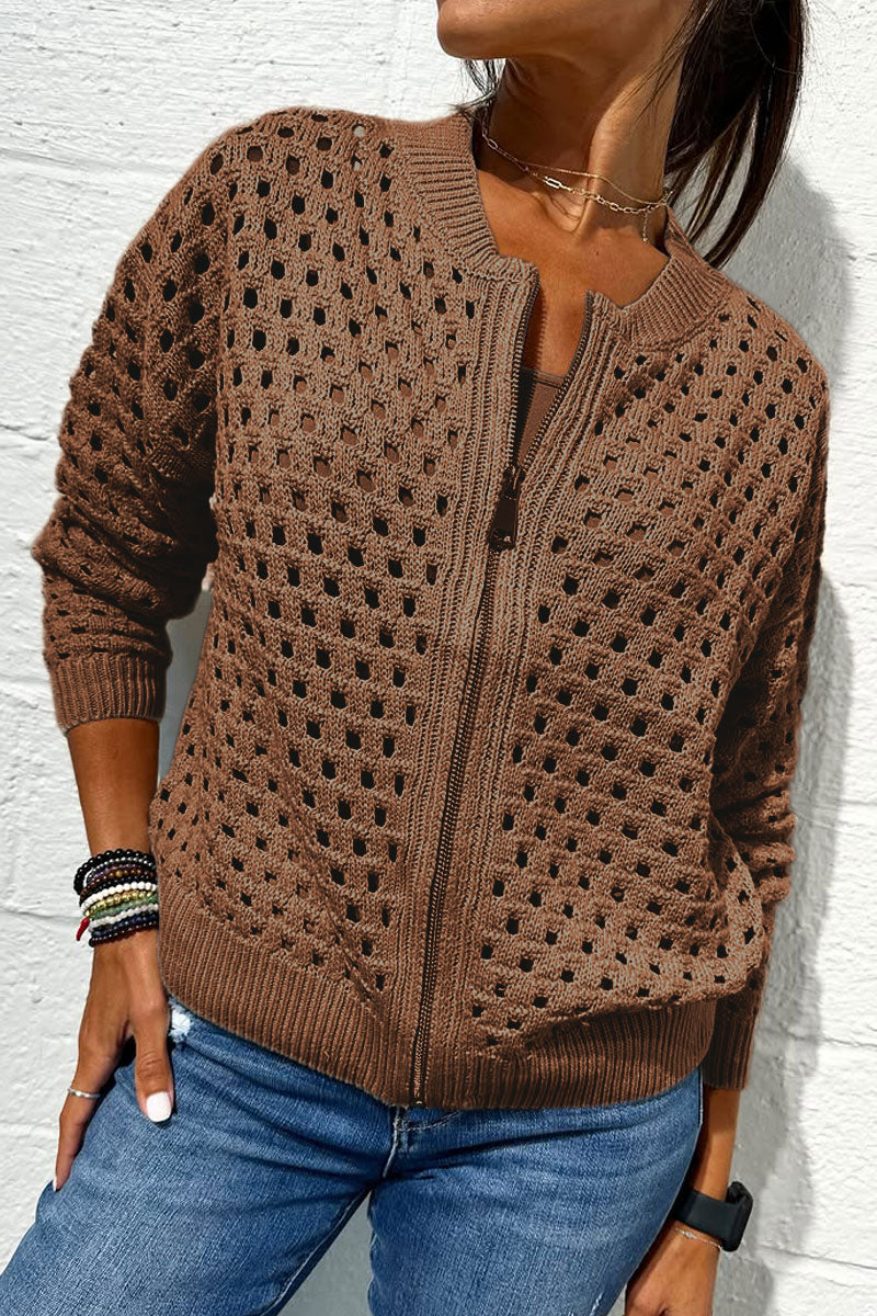 Veste zippée en tricot ajouré décontractée pour femme
