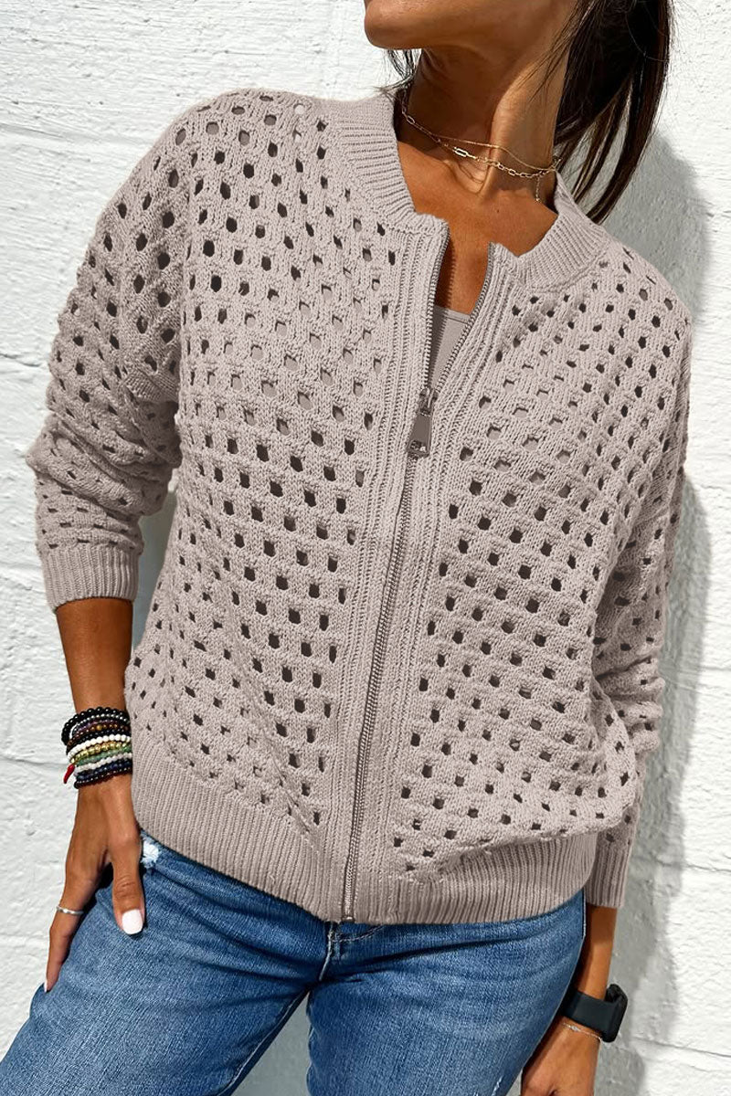 Veste zippée en tricot ajouré décontractée pour femme