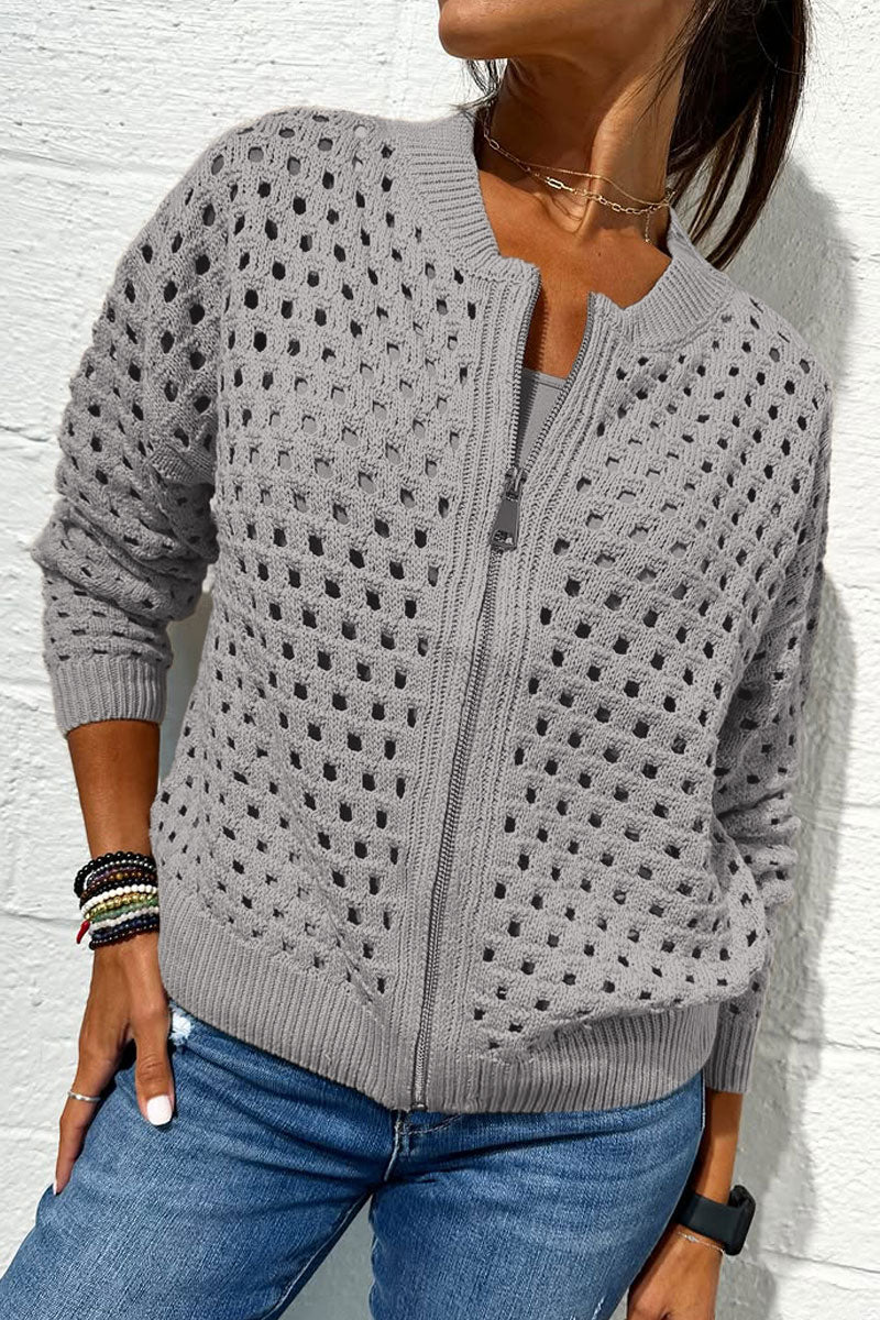 Veste zippée en tricot ajouré décontractée pour femme