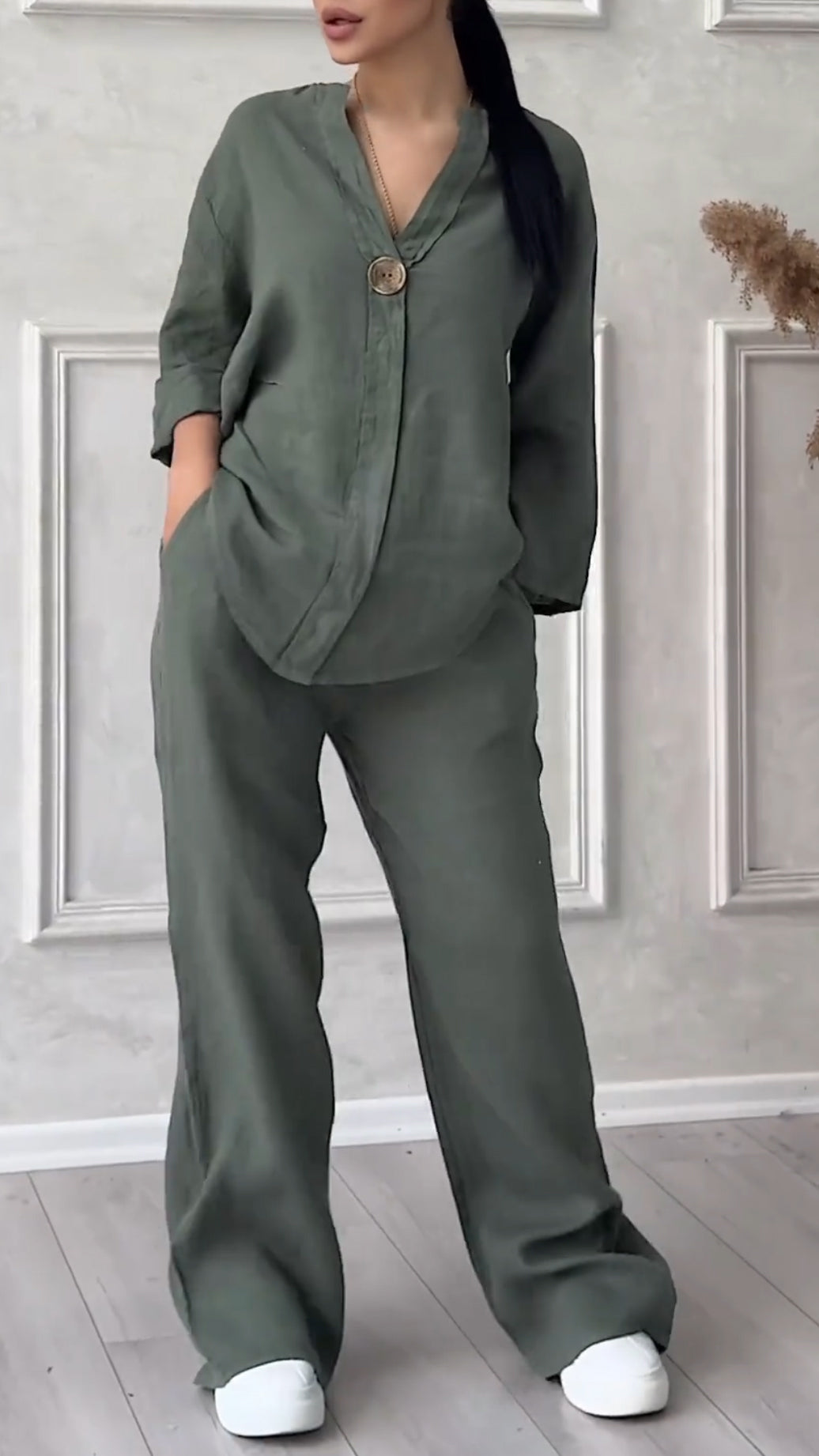Ensemble décontracté col en V en coton et lin pour femme
