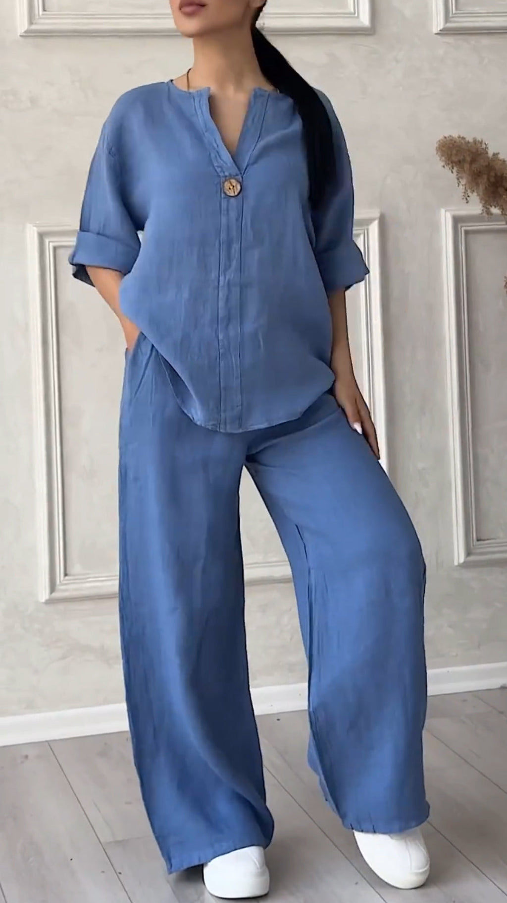 Ensemble décontracté col en V en coton et lin pour femme