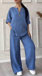 Ensemble décontracté col en V en coton et lin pour femme
