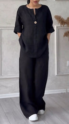 Ensemble décontracté col en V en coton et lin pour femme