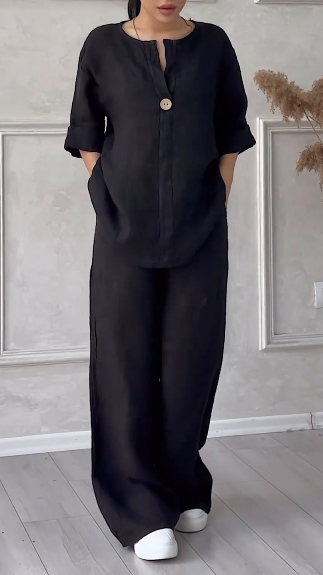 Ensemble décontracté col en V en coton et lin pour femme