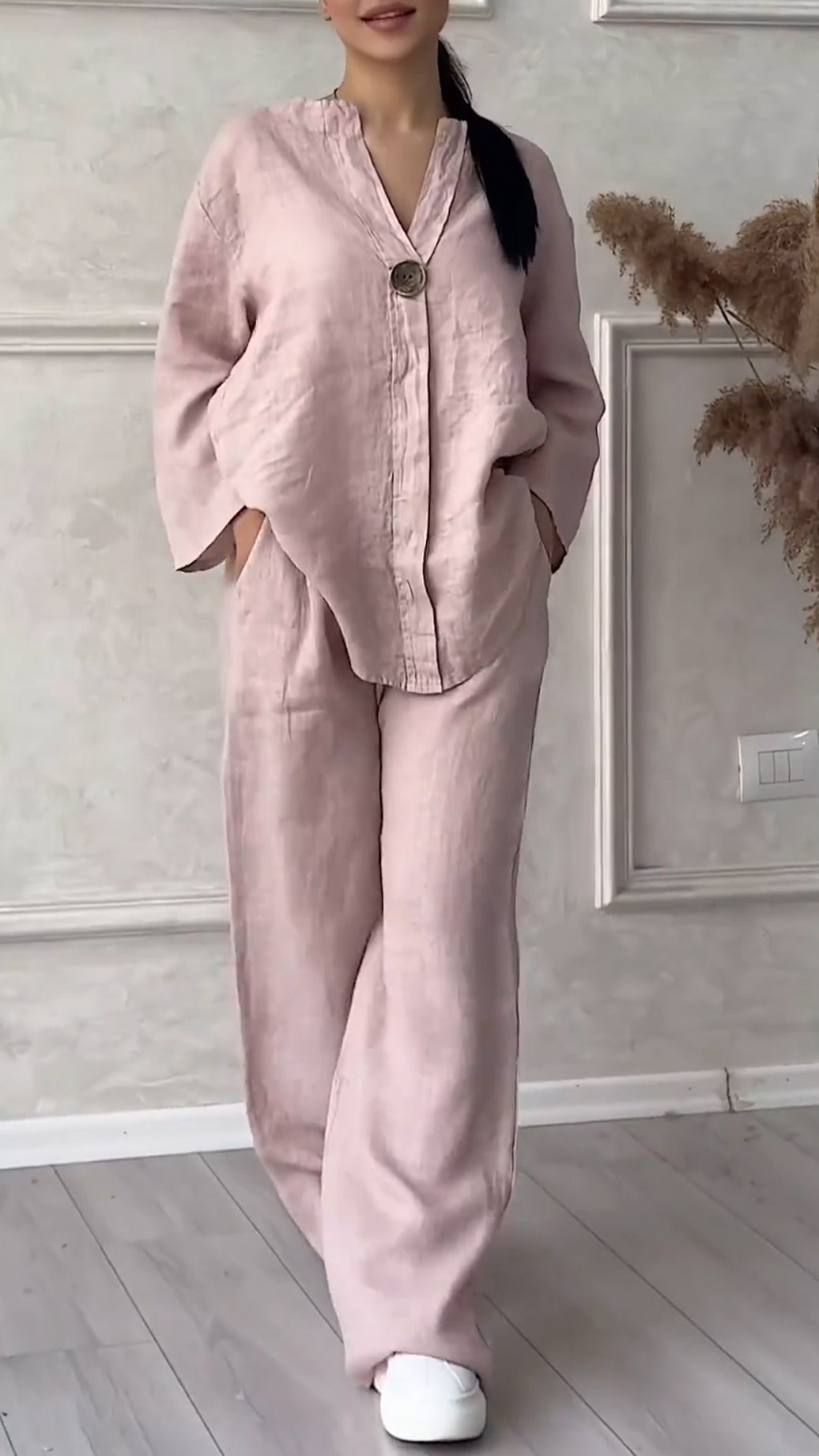 Ensemble décontracté col en V en coton et lin pour femme