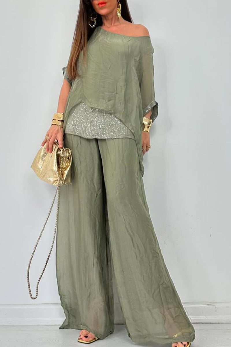 Ensemble décontracté femme : haut à col rond, coutures, ajouré + pantalon