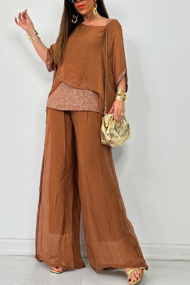 Ensemble décontracté femme : haut à col rond, coutures, ajouré + pantalon