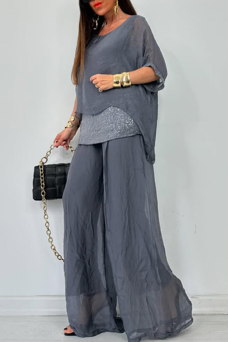 Ensemble décontracté femme : haut à col rond, coutures, ajouré + pantalon
