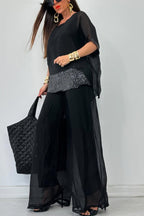 Ensemble décontracté femme : haut à col rond, coutures, ajouré + pantalon