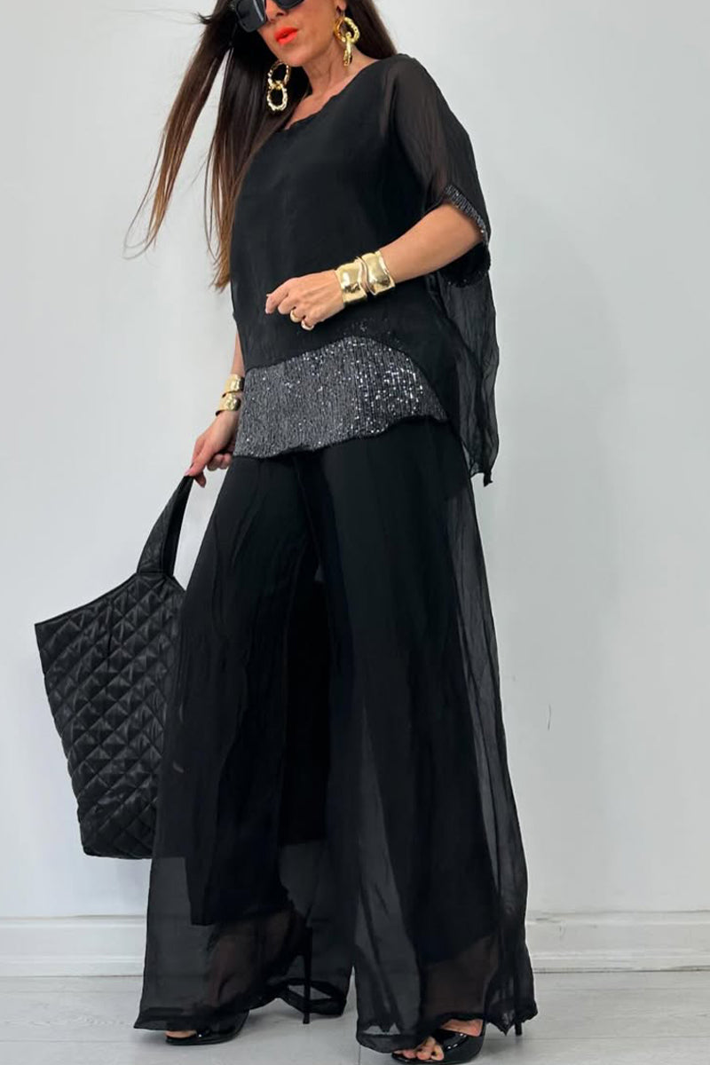 Ensemble décontracté femme : haut à col rond, coutures, ajouré + pantalon