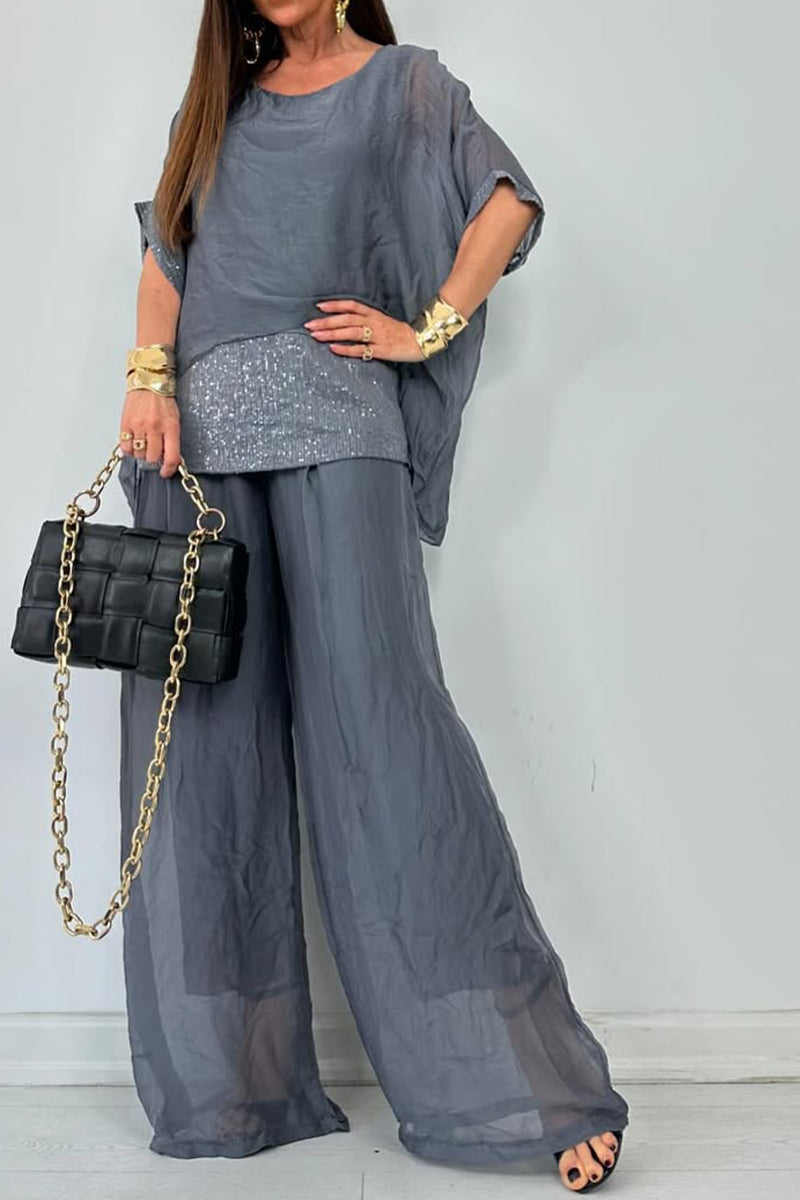 Ensemble décontracté femme : haut à col rond, coutures, ajouré + pantalon